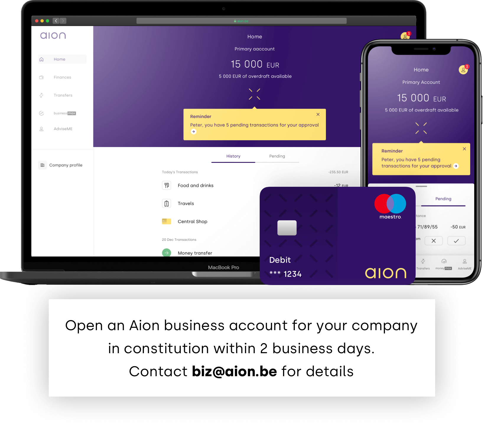 Aion Bank business account with transactions and debit card